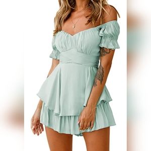 Fixmatti Women Boho Romper Off Shoulder Ruffle Chiffon Shorts Jumpsuit Size XL